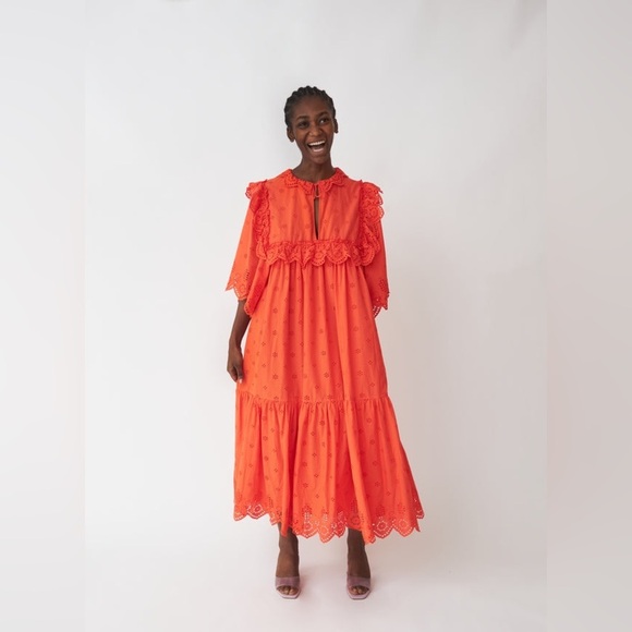 Stella Nova Barbara Joe Dress Eyelet Ruffle Maxi Size 36 US Small Orange Red EUC - Picture 3 of 10